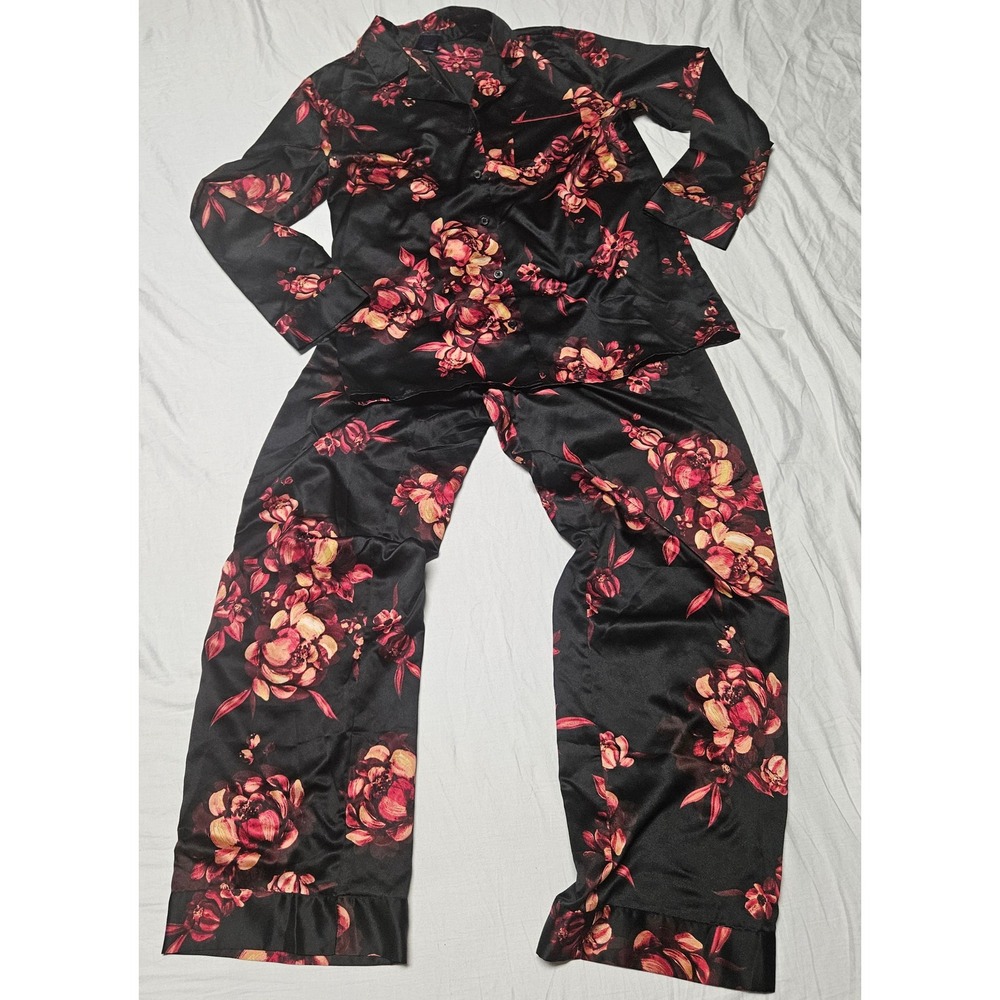 Apt. 9 Pajama Set Womens Small Black Floral Satin Long Sleeve 2pc Loungewear